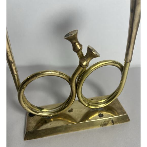 Brass Double Bugle Trumpet Horn Holiday Candlestick Holder Pedestal Music Lover - Picture 3 of 9